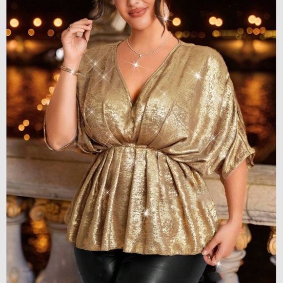 Luxe gold metallic shiny batwing sleeve party blouse - Picture 1 of 6